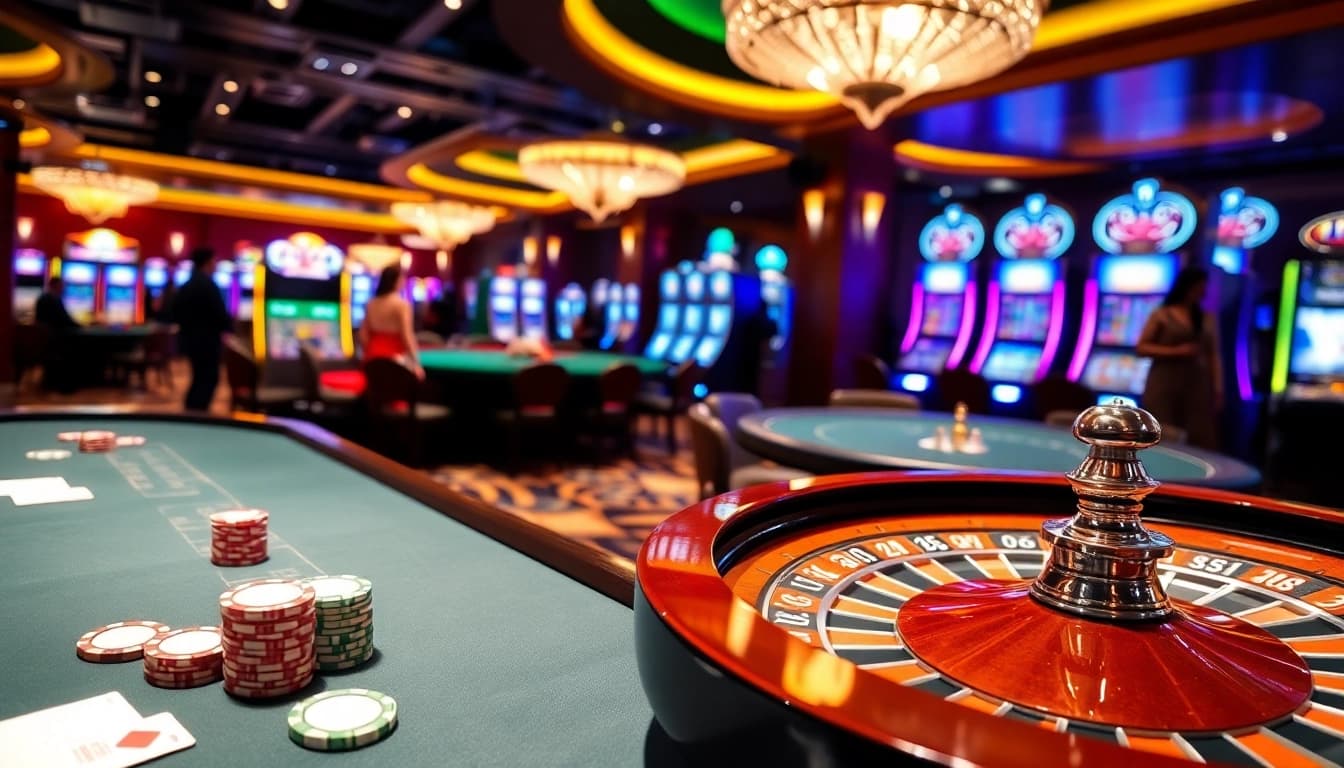Scène excitante au meilleur casino en ligne mettant en avant des jetons de poker, des cartes et une ambiance de casino vibrante.