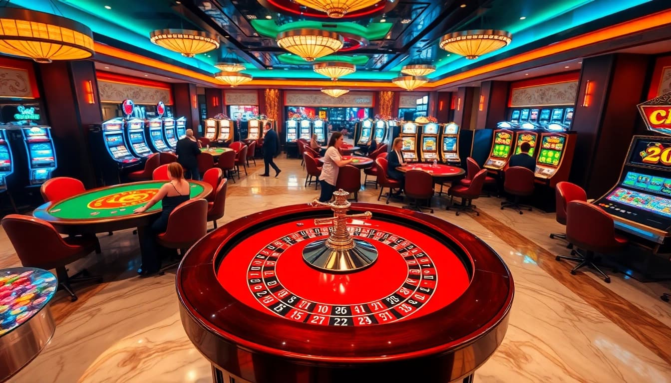 Play exciting games at RR88 casino, featuring vibrant roulette tables and lively players.