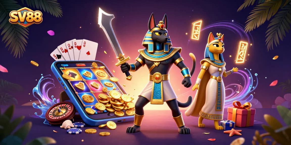 Experience the excitement of SV88 with Anubis and Bastet in a vibrant casino scene filled with gaming elements.