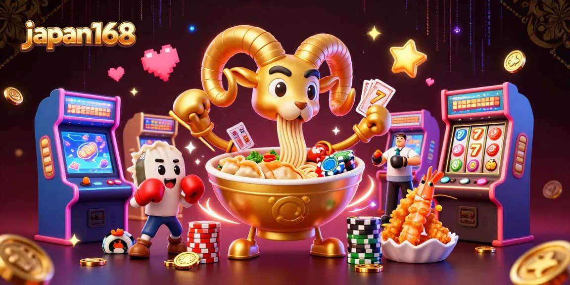 Engage with japan168’s vibrant casino-themed 3D scene showcasing a golden ramen bowl character with casino elements.