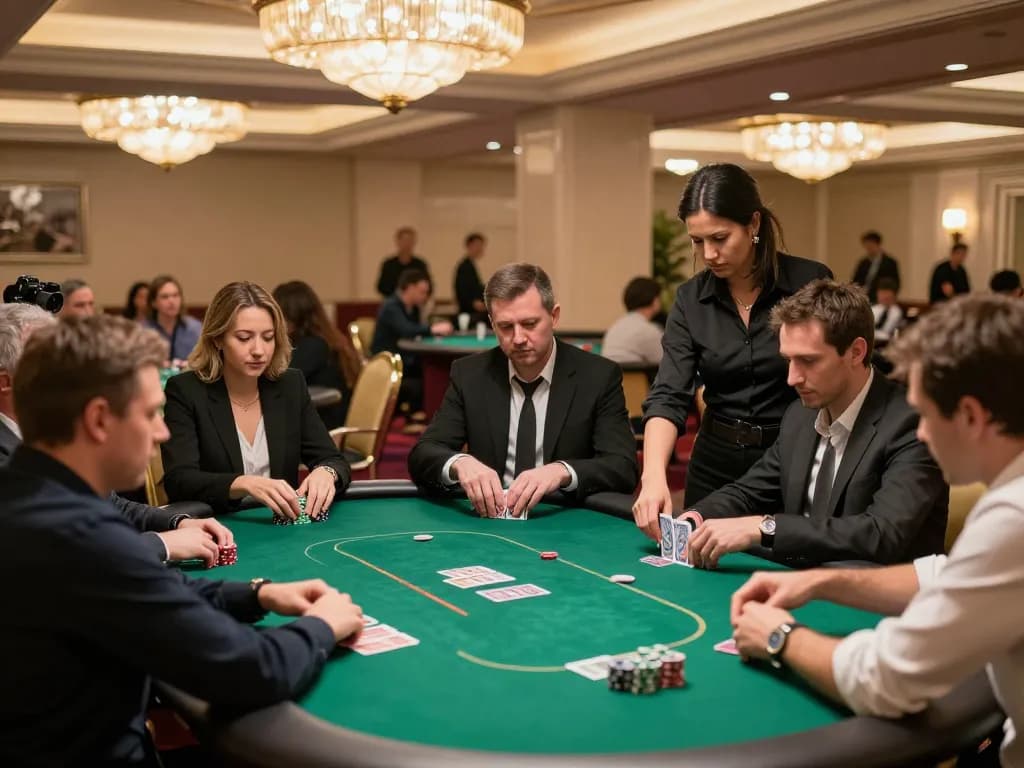 Players strategizing at a poker table, showcasing intensity and skill, emphasizing giường bệnh nhân in a luxurious casino setting.