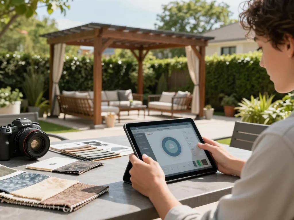 Engaged user utilizing software configuratore pergole to design a custom patio pergola.