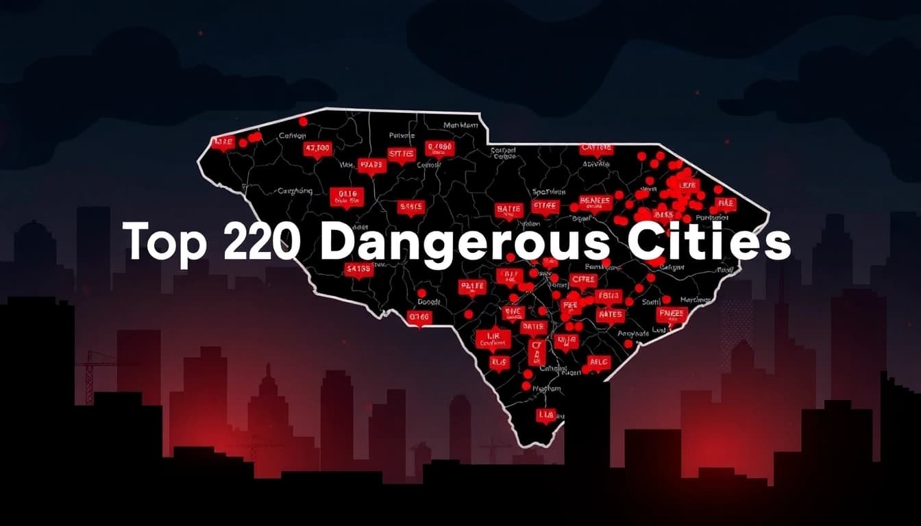 Visual representation of the top 20 most dangerous cities in South Carolina with highlighted crime data.