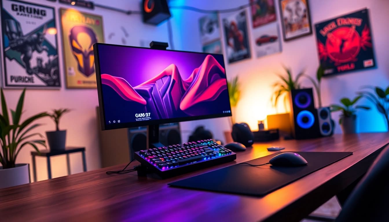 Permainan slot bos88 dengan setup gaming modern dan aksesoris menarik.
