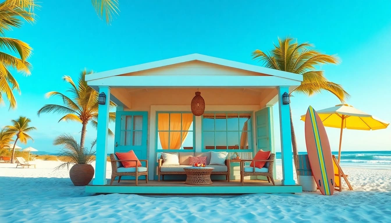 Relax and enjoy the coastal cabana with vibrant decor and beachside charm.