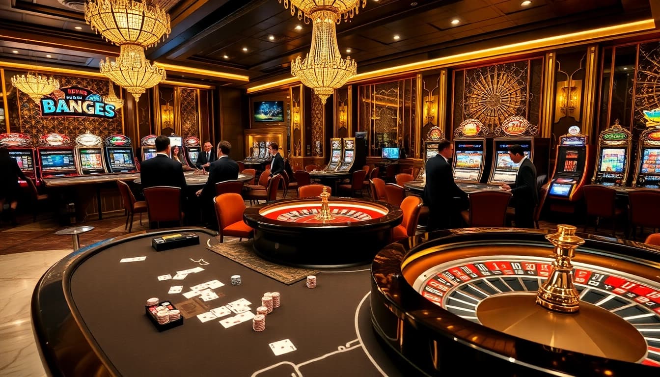 Adegan kasino yang hidup di jmacdonaldphoto.com, menampilkan para pemain bertaruh di meja poker dan memutar roda roulette.