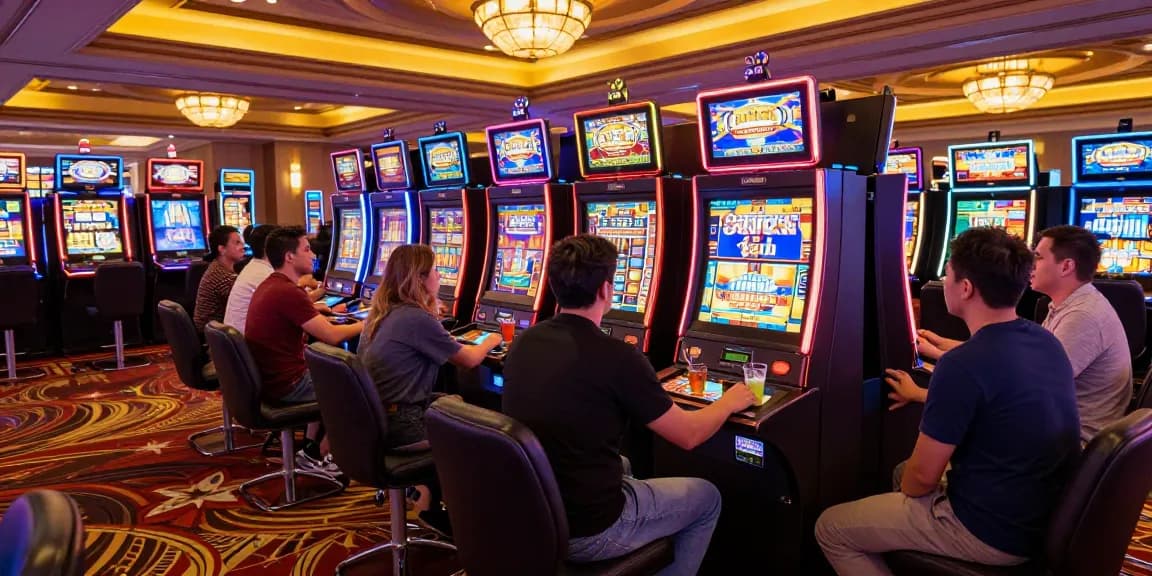 Players enjoying slot machines in a lively casino atmosphere, showcasing excitement and engagement.
