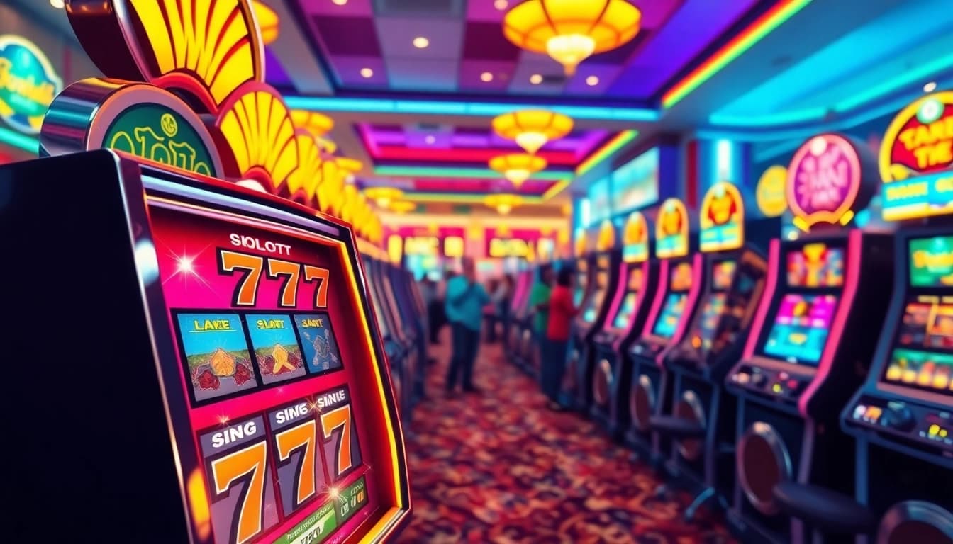 Menangkan permainan slot 777 dengan mesin berwarna-warni di kasino yang ramai.
