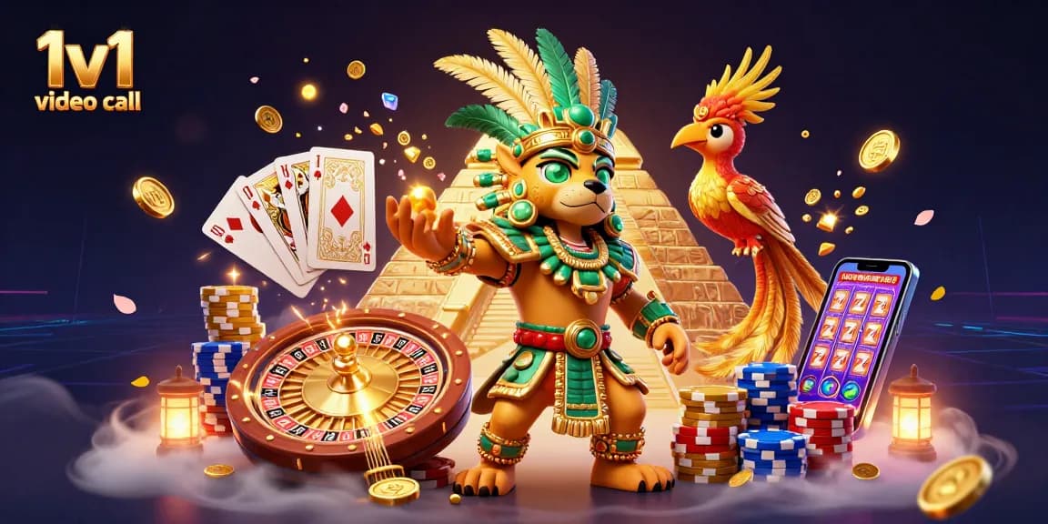 Engage in thrilling 1v1 video call sessions with vibrant casino elements featuring animated characters and dynamic visuals.