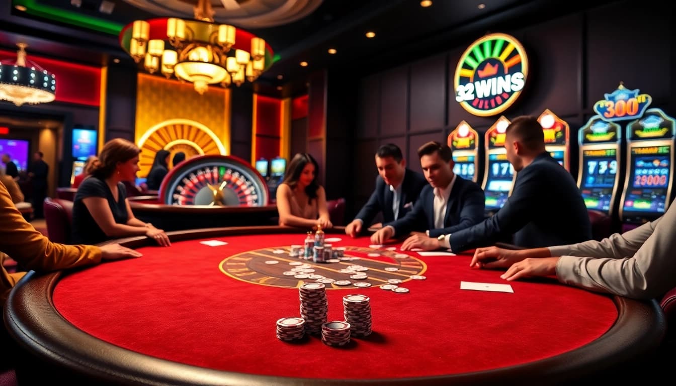 Players strategizing in an exciting 32WIN poker game at a lavish casino table.
