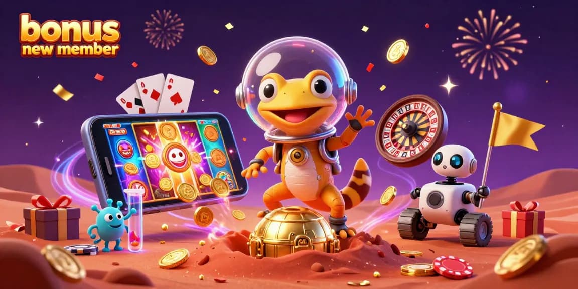 Experience the thrill of playing slots with bonus new member promotions, highlighted in a vibrant 3D scene.