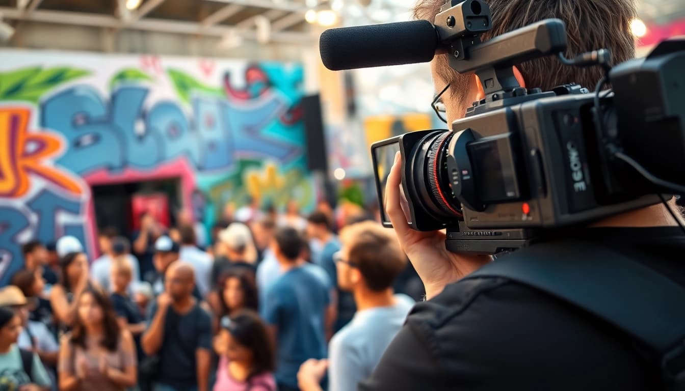 Edmonton videographer capturing a lively event with striking urban scenery and professional equipment.