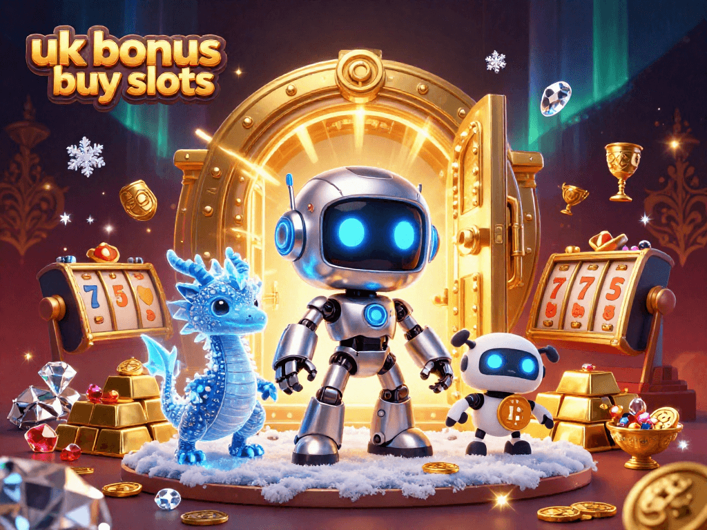 Immerse in uk bonus buy slots with an action-packed casino scene featuring vibrant characters and treasures.