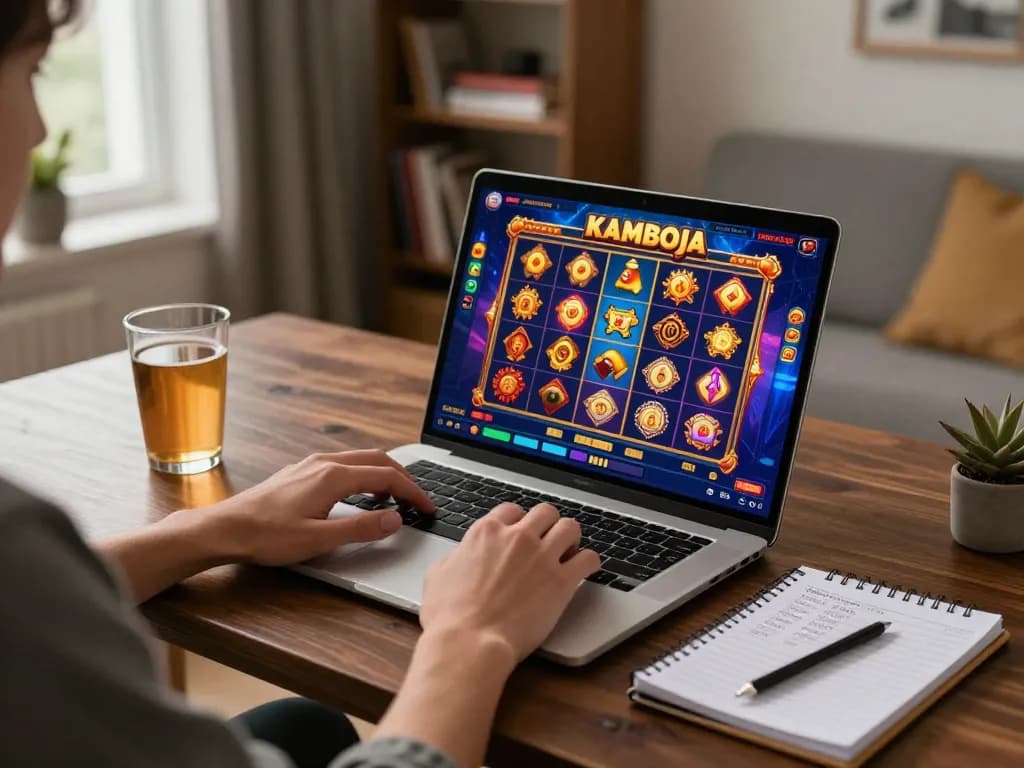 Kamboja slot game interface displayed on a laptop at a cozy home gaming setup, with strategic notes beside it.