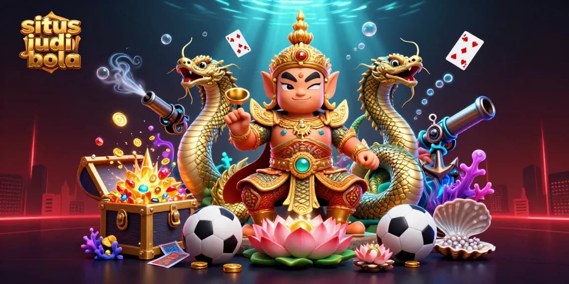 Situs judi bola fans engage in thrilling sports betting action amid glowing treasure and dynamic underwater elements.