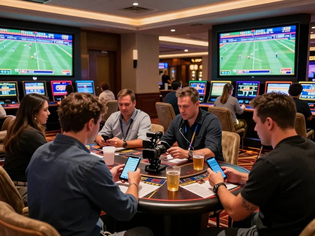 fb88 bettors engaging in strategic gameplay at a vibrant sportsbook, highlighting the excitement of live sports betting.