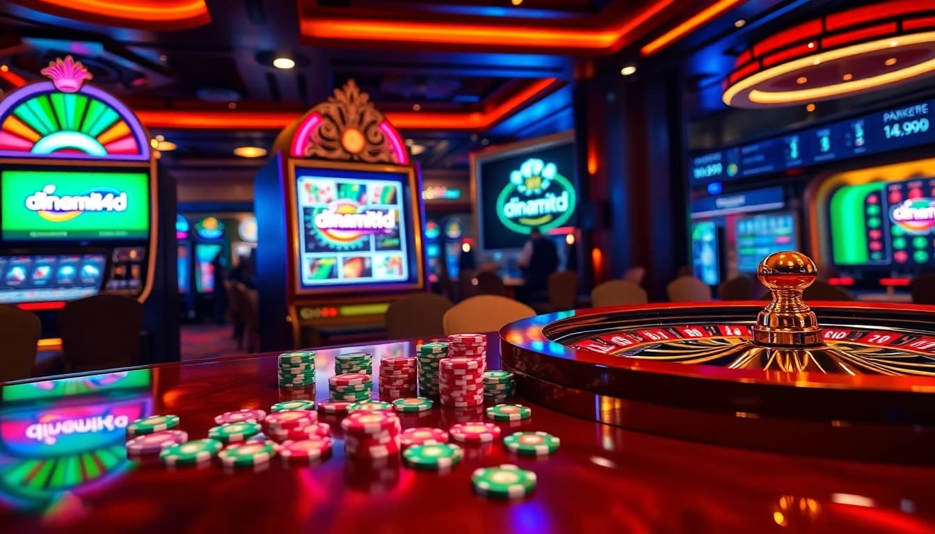 Engaging scene showcasing dinamit4d slot machine with vibrant poker chips and roulette wheel.