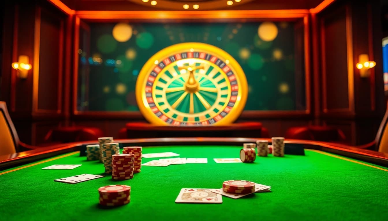 Experience the thrill of LUCK8 with vibrant casino tables, poker chips, and roulette.