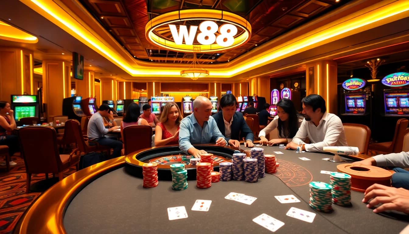 Exciting action at a poker table showcasing nhà cái w88 with colorful chips and players engaged.