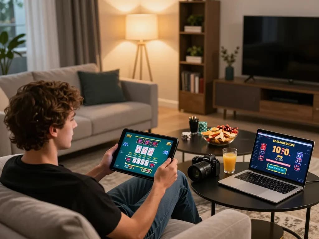 Engaging online blackjack gameplay on tablet while relaxing, gori77 gaming environment with snacks and drinks
