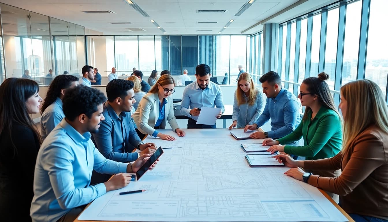 Engaging scene of a construction networking event, illustrating professionals collaborating effectively.