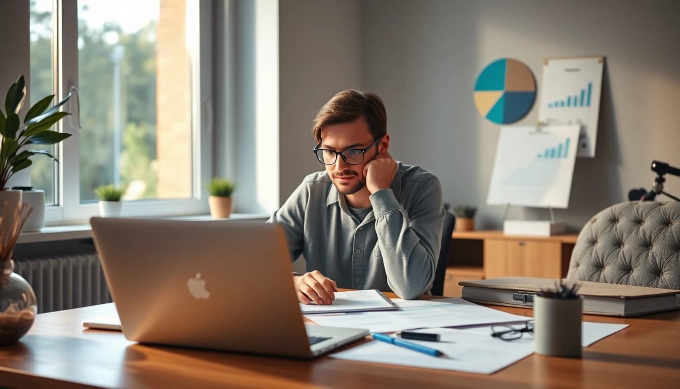 Engaged professional analyzing remote quality assurance jobs in a cozy home office.