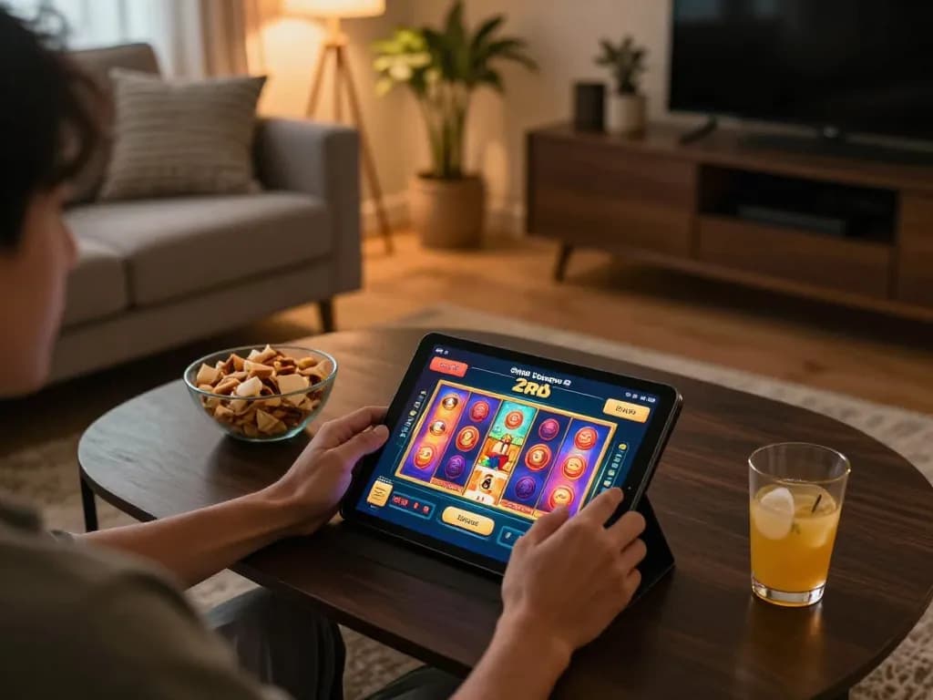 Player engaging with slot deposit 2rb on a tablet amidst a cozy home setting