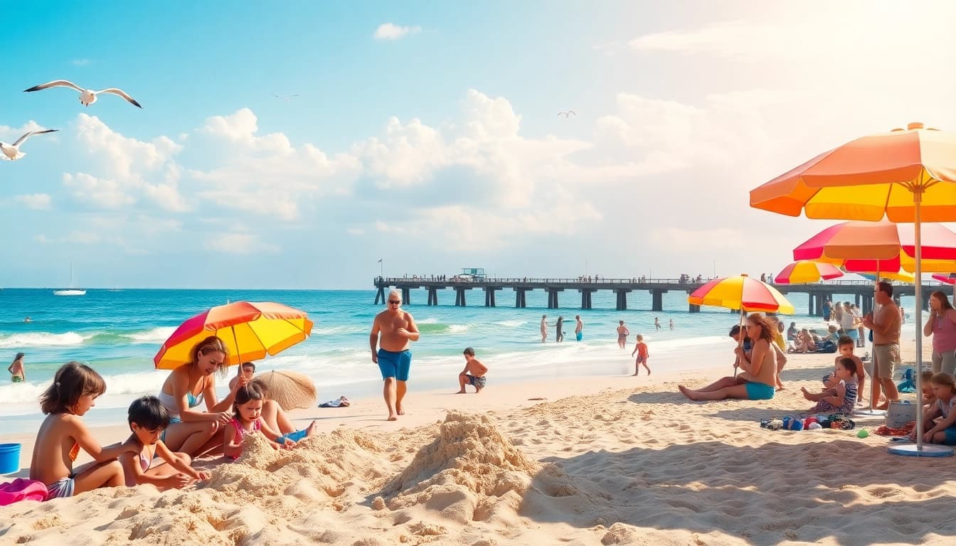 Families enjoying the beach at https://myrtlebeachsc.com/ with vibrant activities and a serene ocean backdrop.