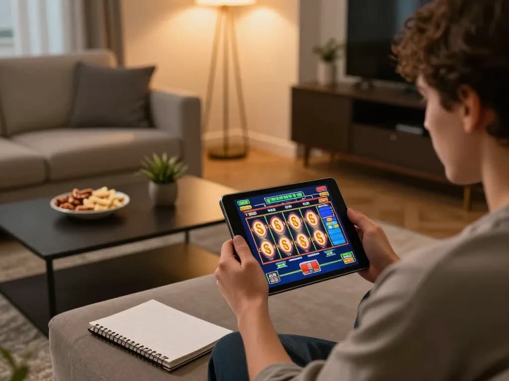 Player enjoying zkjj188 online slots on a tablet in a cozy home setting, immersed in the gaming experience.
