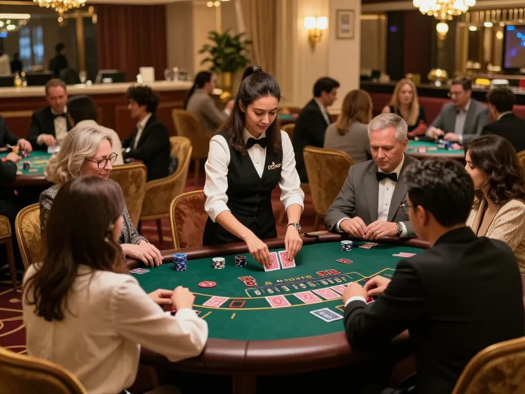 vipwin blackjack action at a luxury casino table with engaged players and a dealer under warm lighting
