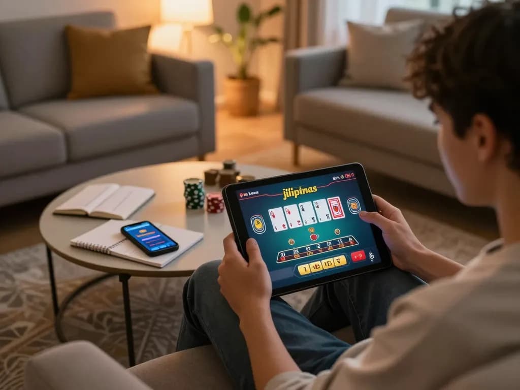 Engage with jilipinas through an exciting online blackjack session on a tablet, showcasing live dealer action and strategy notes.
