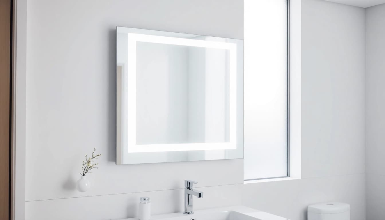Showcasing a stylish bathroom mirror with LED light illuminating a modern vanity space.