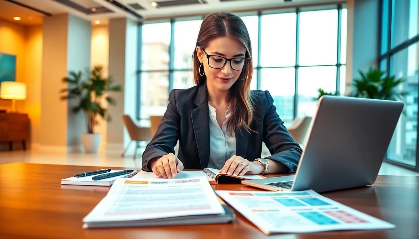 Crafting customized proposal writing in a bright office, featuring digital devices and colorful proposals.