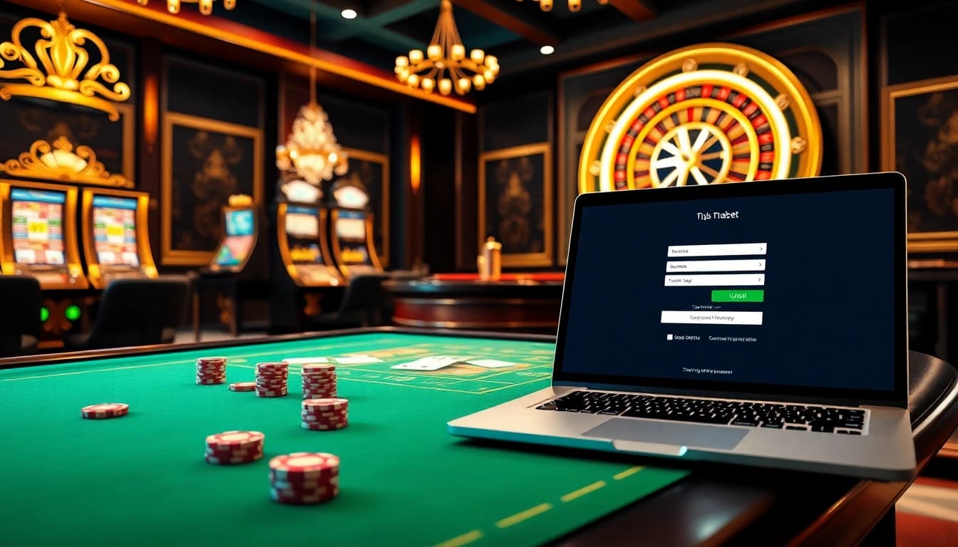 Engaging scene of thabet đăng nhập showcasing luxury online gambling with casino tables and vibrant lights.