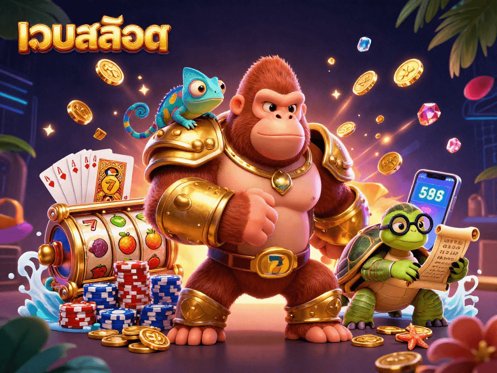Spin to win at เว็บสล็อต with a vibrant, dynamic casino scene featuring rich illustrations of characters and slot reels.