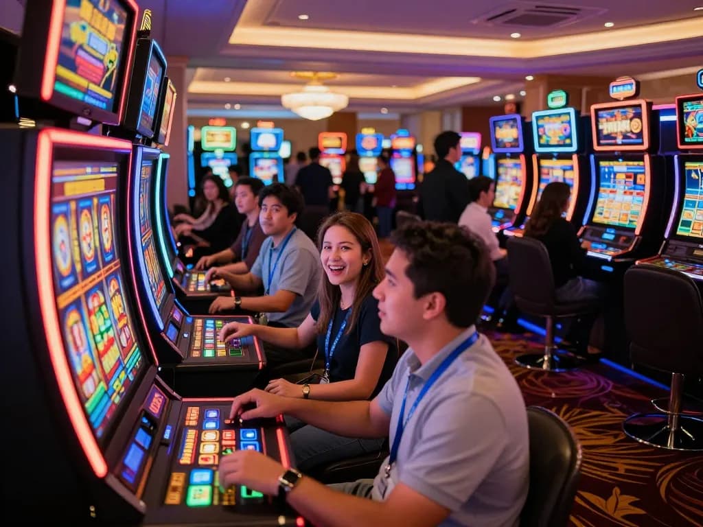 Players enjoying slot gacor gampang menang at a vibrant casino with bright lights and dynamic energy