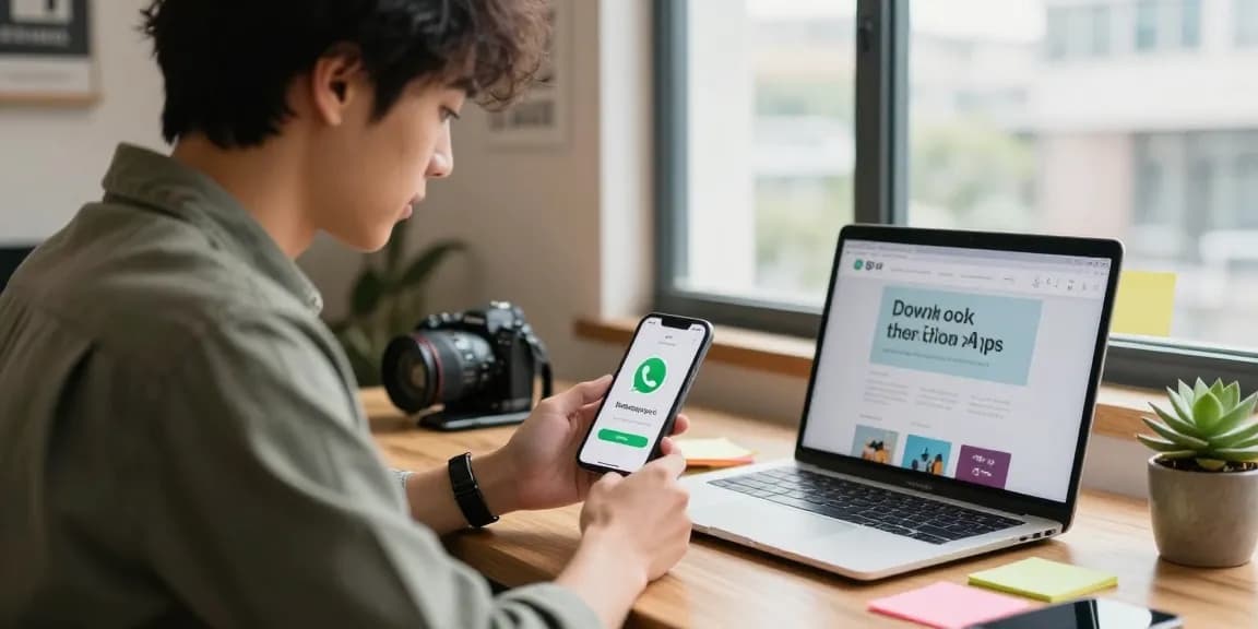 Downloading WhatsApp下載 on a smartphone in a modern workspace