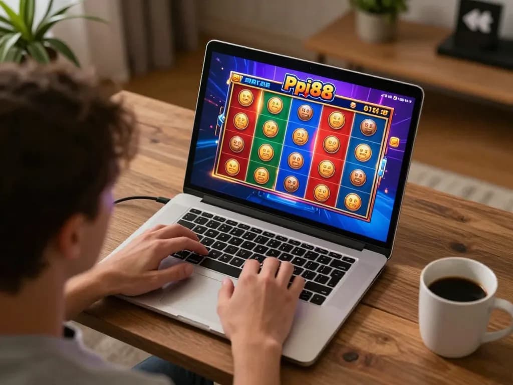 Player enjoying a thrilling slot88 game on a laptop in a cozy home setting