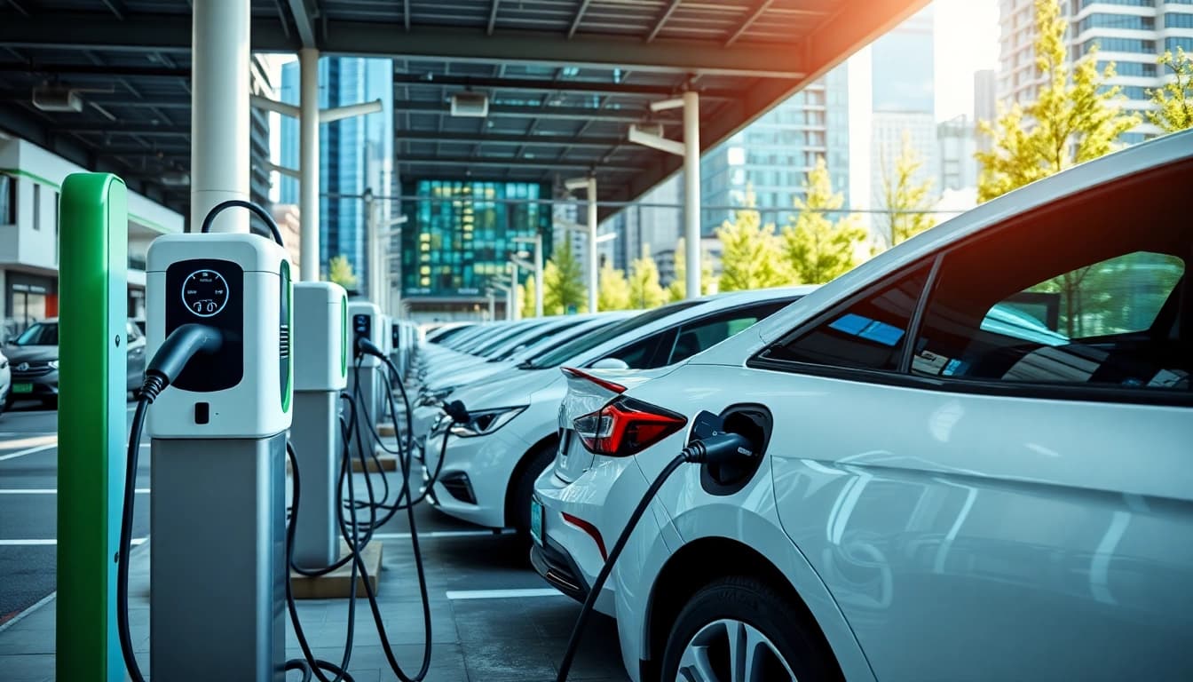 EV charging station contractors installing modern charging units in an urban environment.
