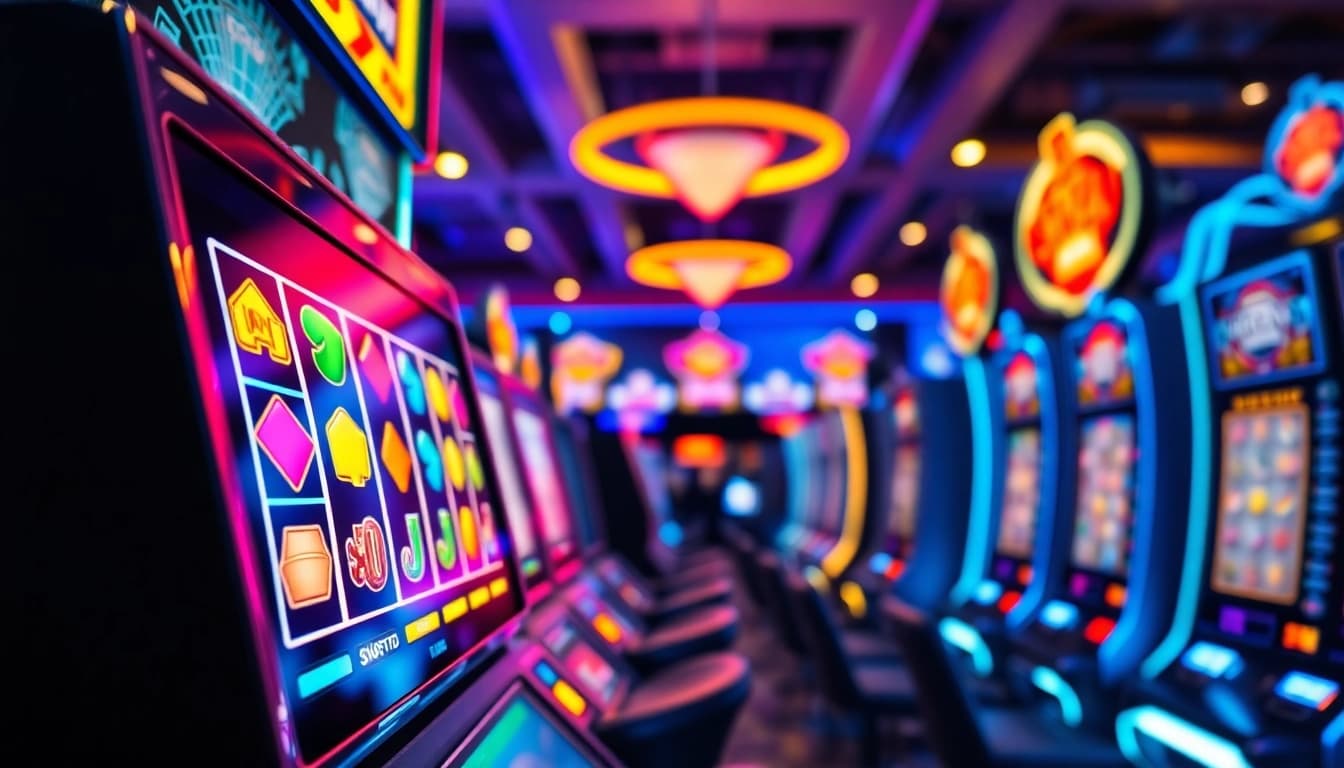 Slot depo 5k yang menarik di lingkungan kasino online dengan mesin slot berwarna-warni.