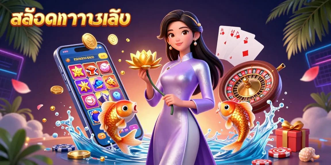 Engage in สล็อตทดลองเล่น with a vibrant 3D illustration showcasing an elegant Asian woman, golden koi, and gaming elements.