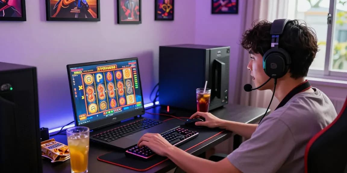 Player enjoying slot gacor gameplay on laptop with vibrant gaming atmosphere