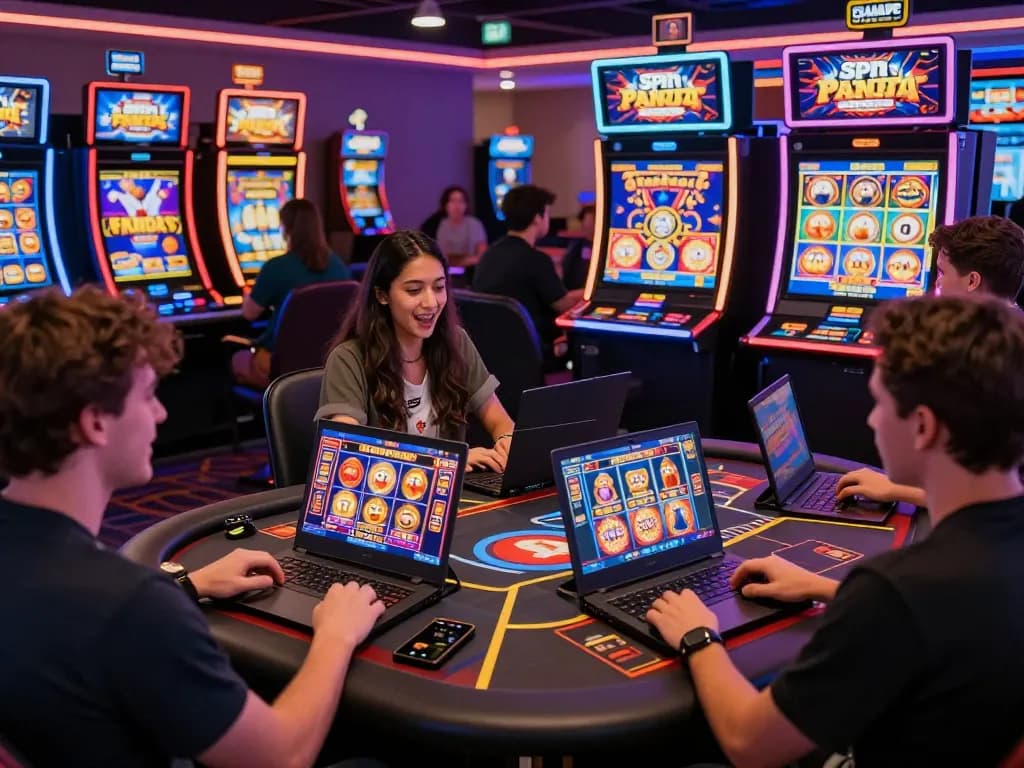 Players enjoying Spin Panda online casino games in a vibrant virtual environment, showcasing excitement and colorful slot graphics.