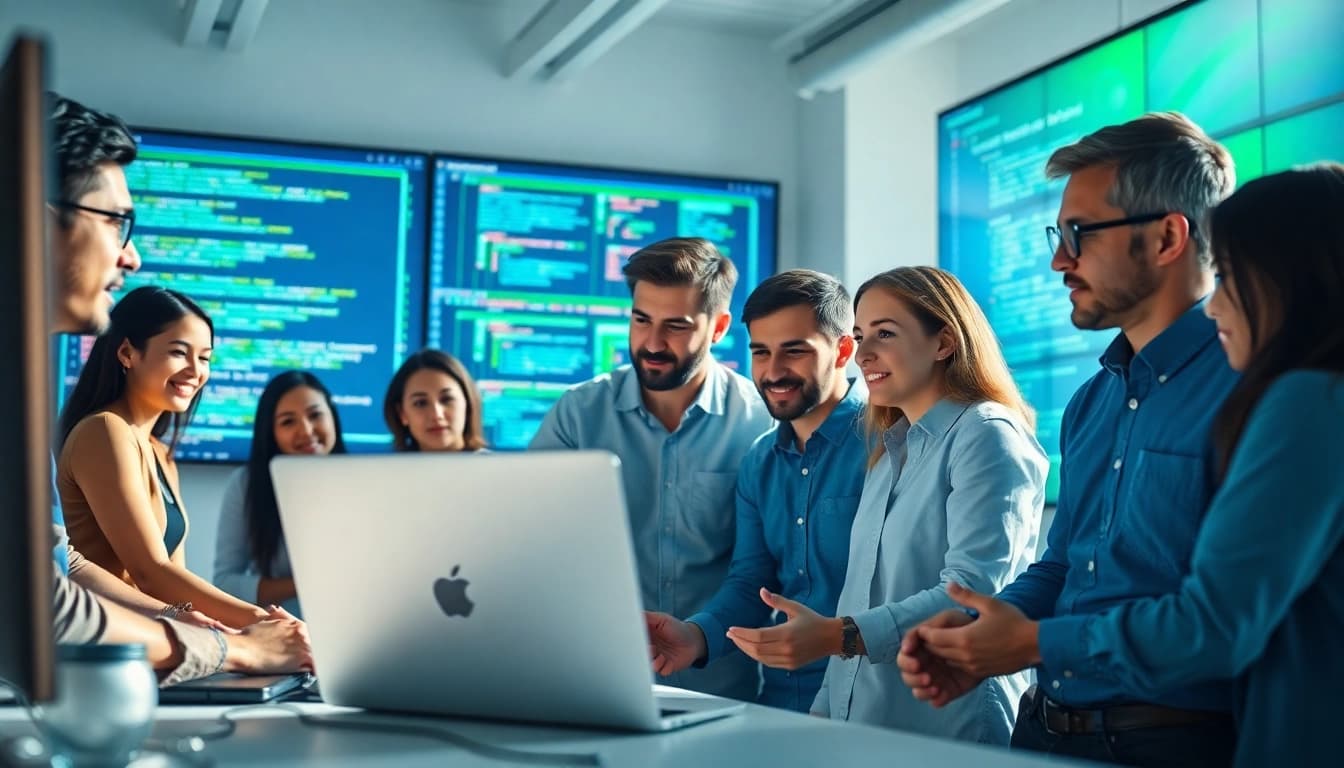 Hire .Net desktop developers collaborating on innovative projects in a modern office setting.