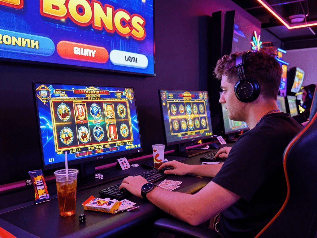 Engaging online gaming setup featuring slots where you can buy the bonus with vibrant visuals and modern accessories