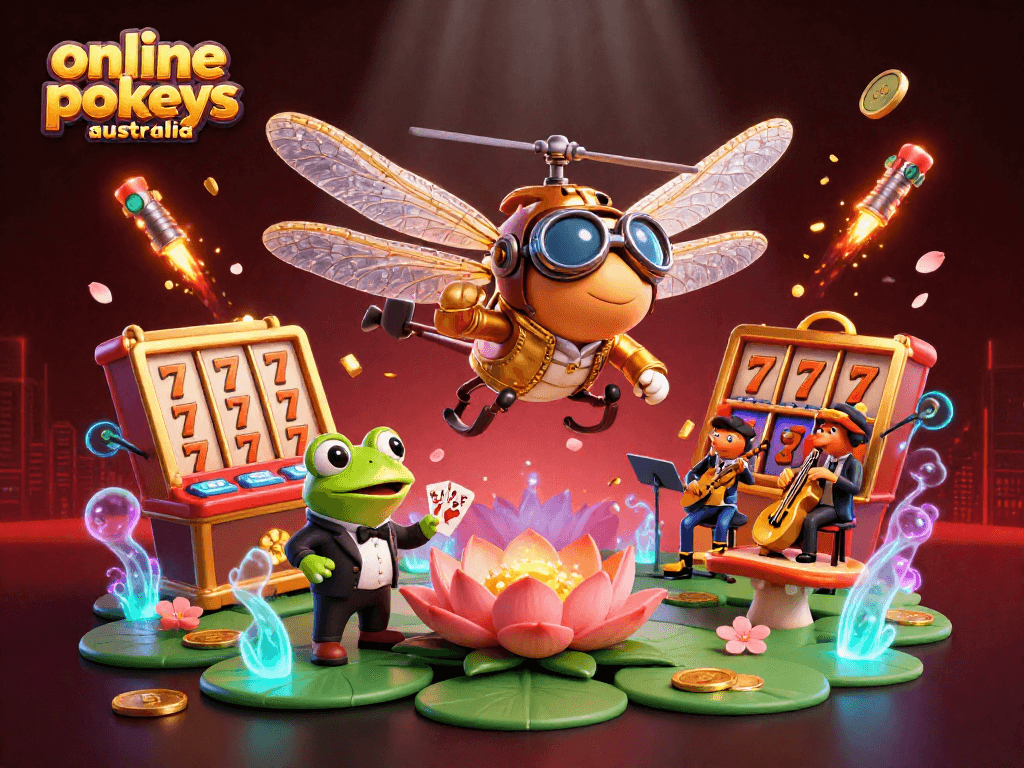 Experience thrilling online pokies Australia at a vibrant lily pad casino with captivating characters.