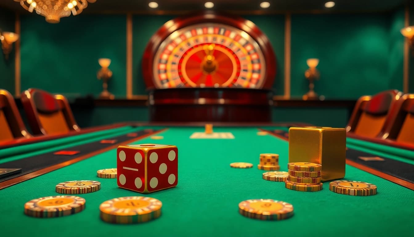 Tài xỉu md5 game setup with luxury casino table, colorful chips, and dice, inviting excitement.