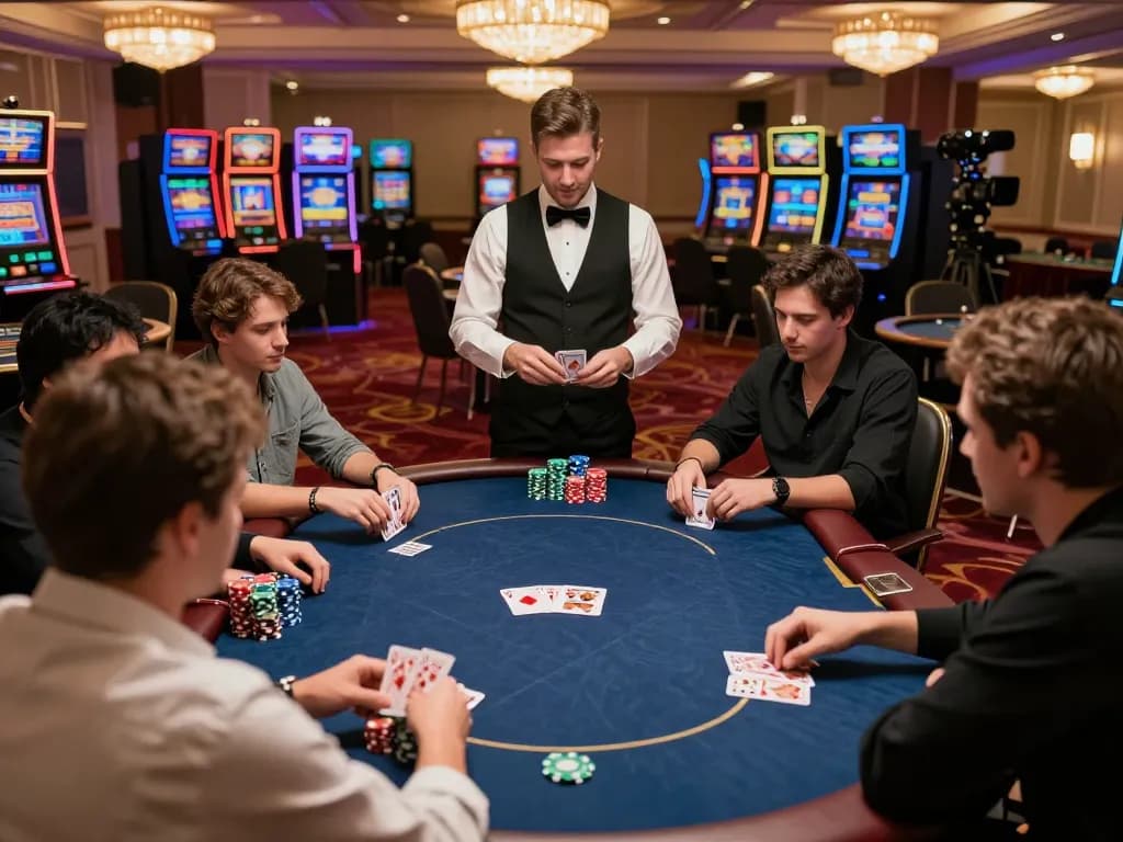 Players strategizing during a high-stakes poker game at KKWIN casino, with vibrant chips and cards visible.