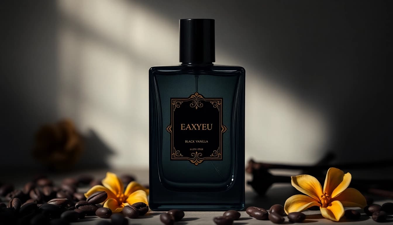 Discover a luxurious Black opium alternative in an elegant dark perfume bottle surrounded by warm, inviting elements.