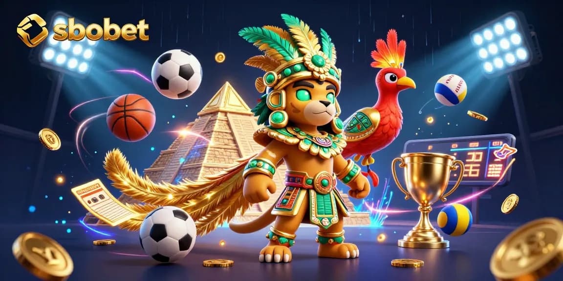 Experience sbobet sports excitement with a Mayan priest and quetzal bird in a vibrant 3D casino scene.